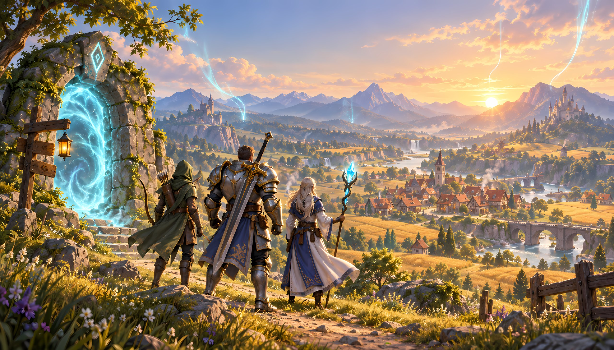 Three adventurers on a hill above Millbrook at golden hour, beside the Ilyrans' glowing stone gate